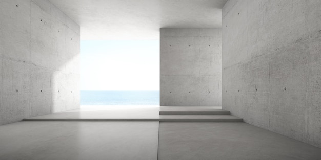 3d render of empty concrete room with large window on the sea background.