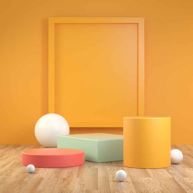 3d Render Empty Minimal Geometry Podium Colorful On Wood Oak Floor