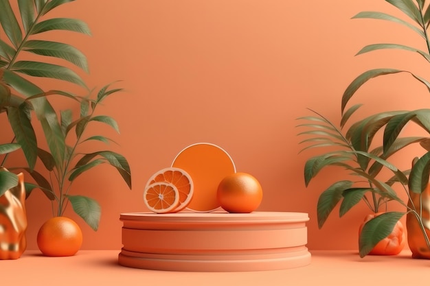 3d render of empty orange empty podium with summer concept for product display empty space