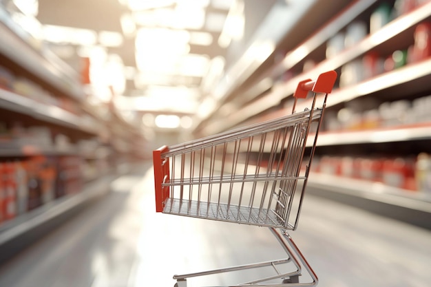 3D render of an empty shopping cart in a supermarket aisle with a blurred background