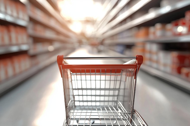 3D render of an empty shopping cart in a supermarket aisle with a blurred background