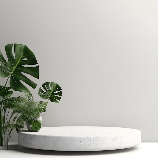 3d render empty space white podium with monstera leaf house plant Podium for product shoot AI Gener