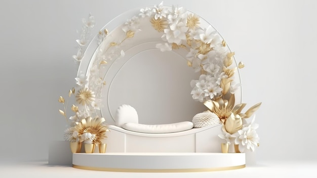 3d render empty stage with round arch decorated with gold Generative Ai