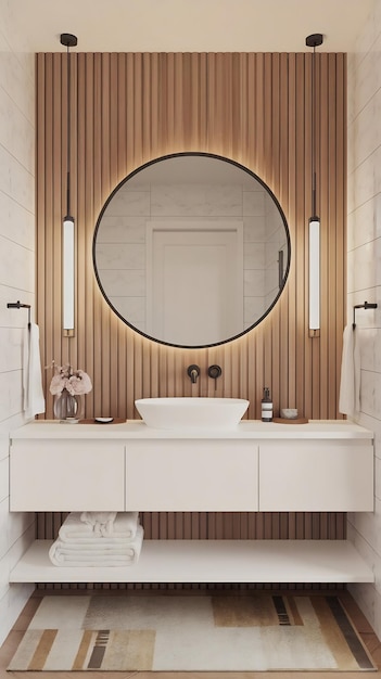 Photo 3d render an empty white vanity counter with ceramic washbasin and modern style faucet in a bathroo