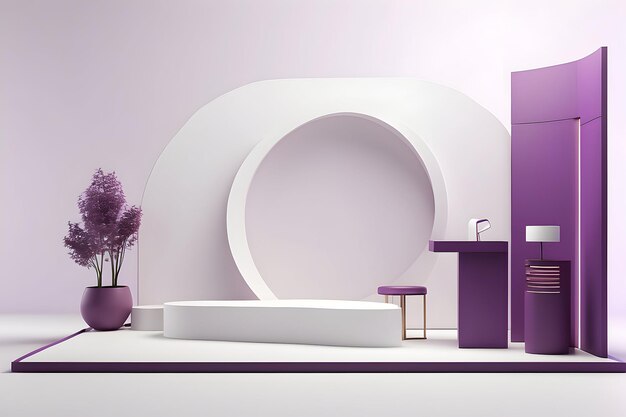 3d render of exhibition booth with purple theme Exhibition stand mockup template Promotion center