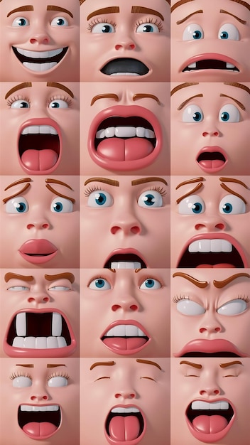 Photo 3d render face emoji eyes and mouths isolated set