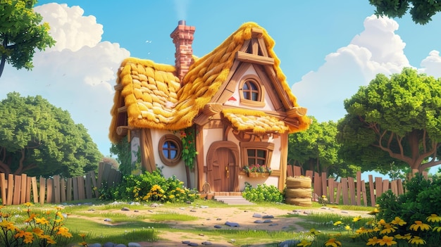 3D render of fairy tale house in the garden with flowers