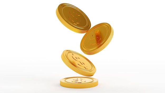 3D render of Falling golden coins with dollar sign isolated over white background