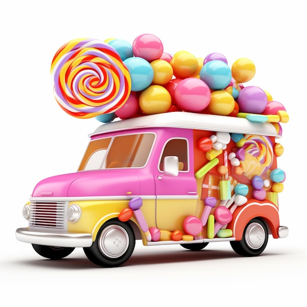 Photo 3d render fantasy colorful food truck of candy land