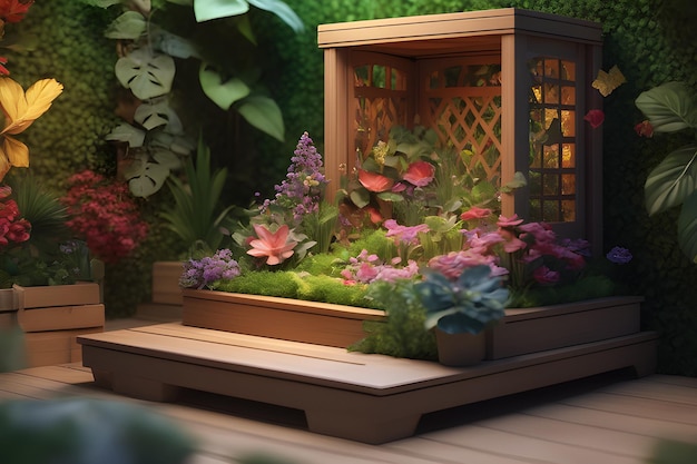 3d render of a fantasy garden with flowers and plants in a wooden box