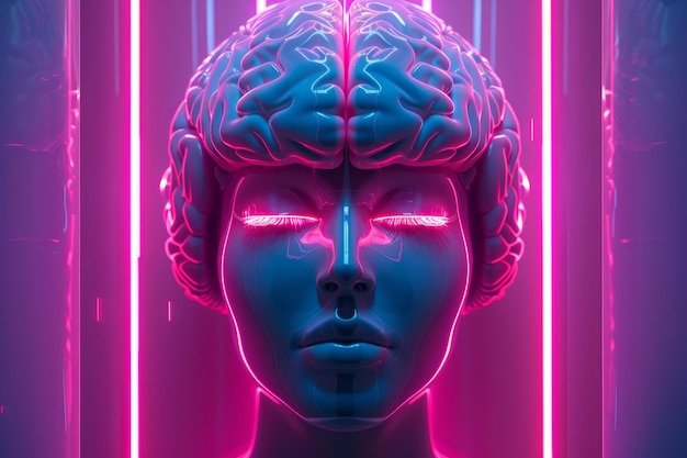 3d render of a female bust with exposed brain surrounded by neon lights