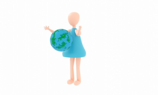 3d render A figurine of a cartoon girl holding a globe in her hands 3d illustration