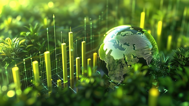 3D render of a financial boom with a globe and rising market lines vibrant greens