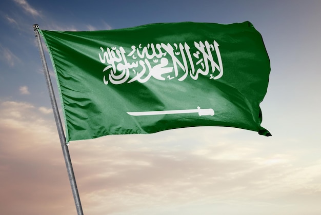 Photo a 3d render flag that has the word saudi arabia on it