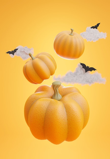 3d render of floating group pumpkin with halloween concept,clouds,bat on orange background