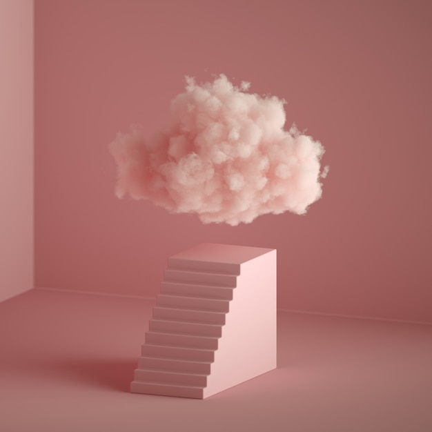 3d render of fluffy cloud floating above the pedestal with stairs, cubic pedestal, minimal room interior. Objects isolated on pastel pink background, modern minimal fashion concept, abstract metaphor