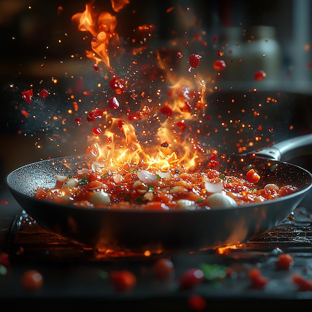 Photo 3d render of a flying flaming pan garlics onions and tomato sauce dark background