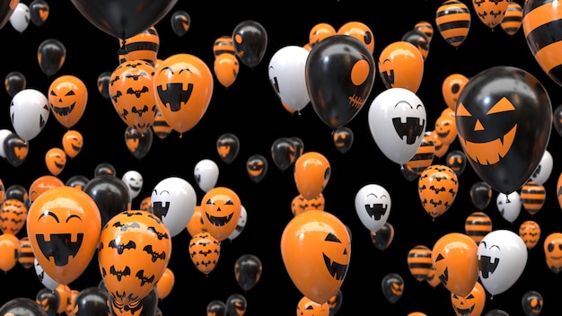 3d render Flying halloween balloons on black