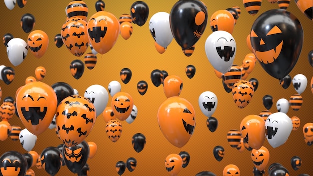 3d render Flying halloween balloons on orange