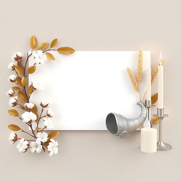 3D Render of Foam Board Blank Sign Board Magnolia Leaves Cotton St Inspired Floral Decorationse