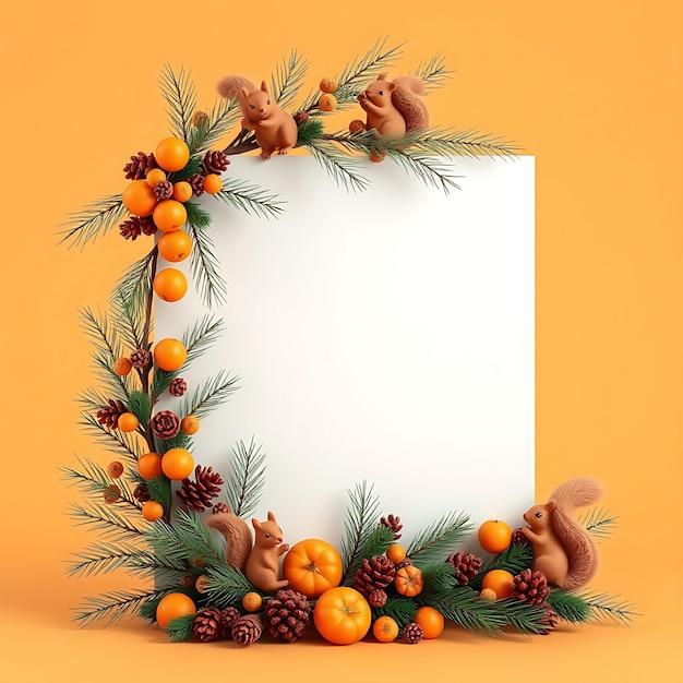 3D Render of Foam Board Blank Sign Board Pine Boughs Dried Oranges Cute Squirrel Figurines Tartan Pl