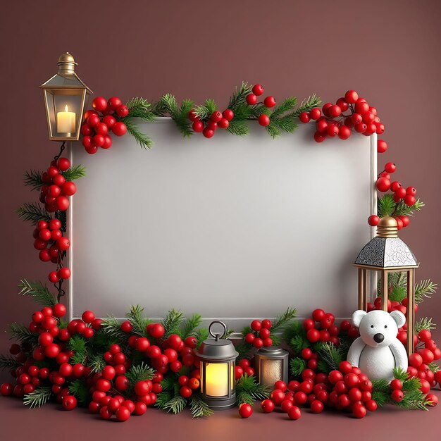 3D Render of Frosted Glass Blank Sign Board Cranberries Evergreen Sprigs Cute Bear Figurines Lantern