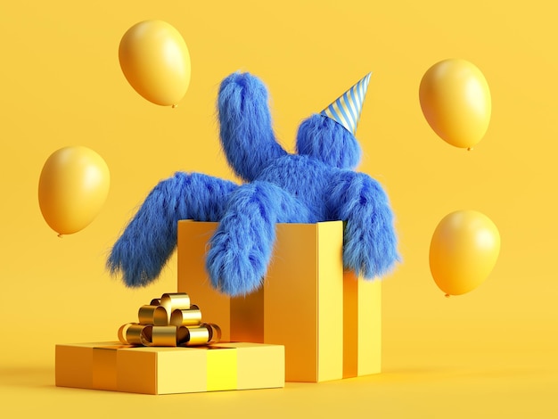 3d render funny hairy blue monster sits inside the big gift box flying air balloons