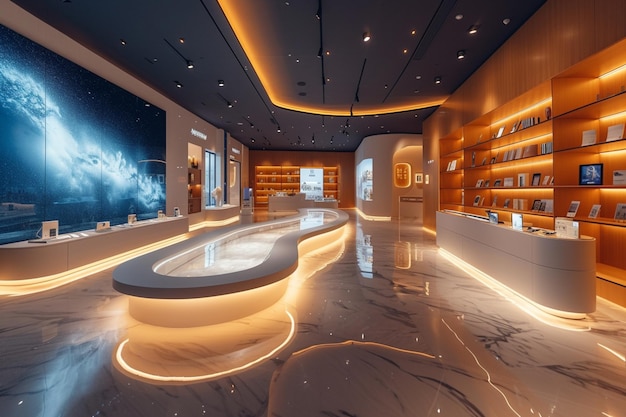 3d render Futuristic interior of a modern hotel corridor with bright light walls