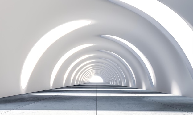 3d render futuristic tunnel with curved openings on the sides