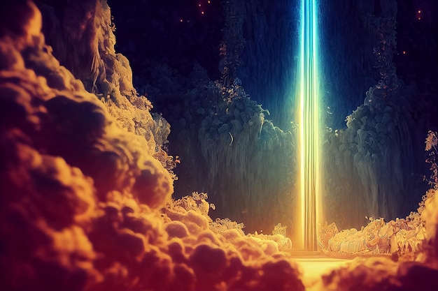 3d render of Gates lights of heaven in fog above blue sky background