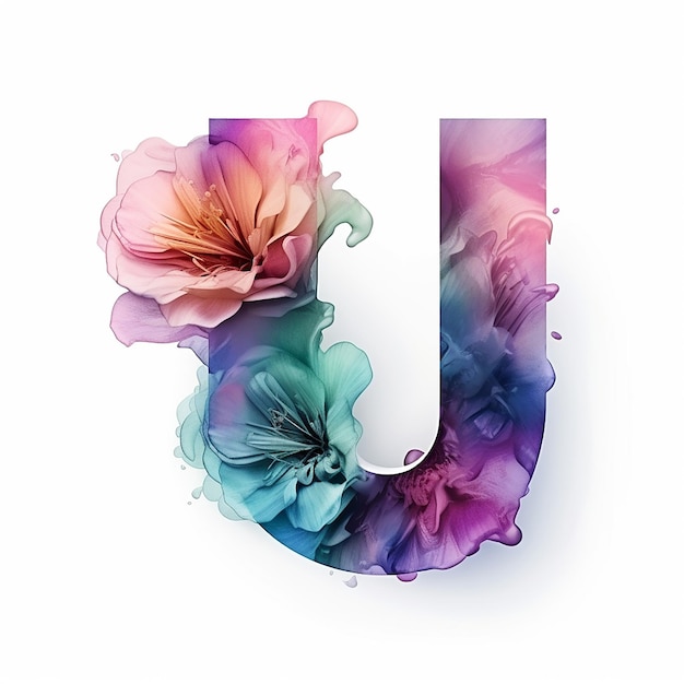 3d render generic logo watercolor floral alcohol ink with letter U Watercolor floral alphabet