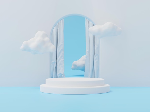 3d render of geometry showcase podium and floating cloud with white curtain for product presentation