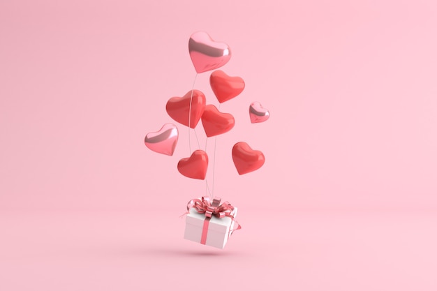 3d render of gift box with balloons in heart shape.