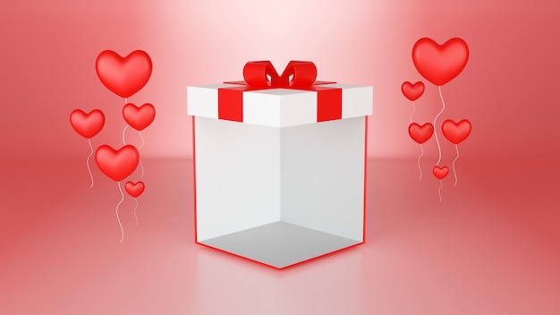 3d render Gift box with balloons heart shaped pink color abstract background, Valentines Day background concept