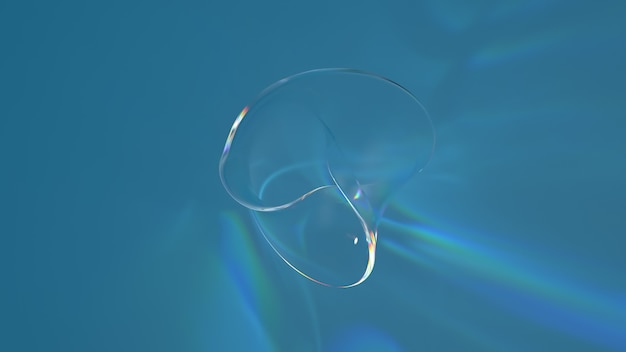 Photo 3d render of glass shape with realistic caustics on blue background.  light refraction effect.