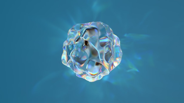 3d render of glass shape with realistic caustics on blue background.  Light refraction effect.