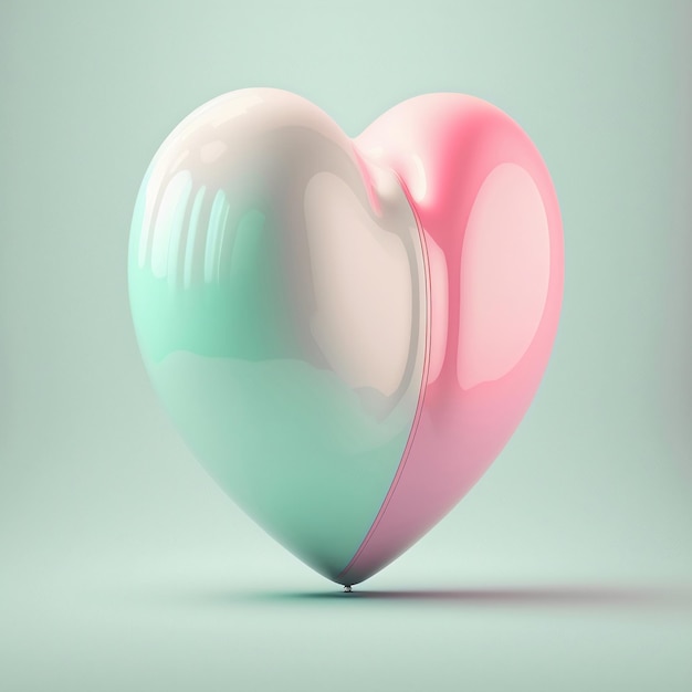 3D Render Glossy Heart Shape Balloon In Pastel Cyan And Pink Color