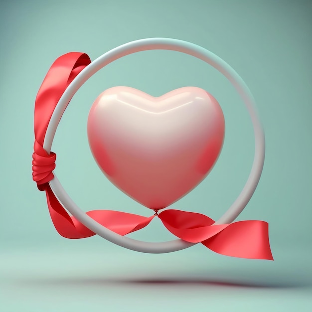 3D Render Glossy Heart Shape Balloon Tied With Ribbon In Circular Frame