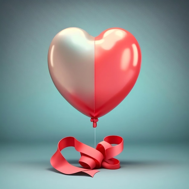 3D Render Glossy Heart Shape Balloon With Red Silk Ribbon