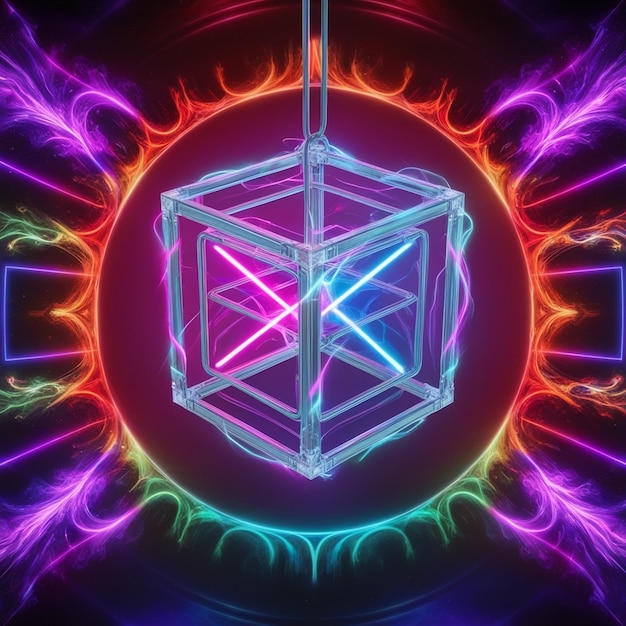 3d render glowing lines neon lights abstract background cube cagelaser show