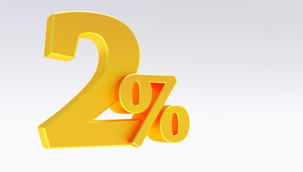 3d render of Gold 2 Percent off, Special Offer 2% Discount Tag, Sale Up to two Percent Off isolated on white background,