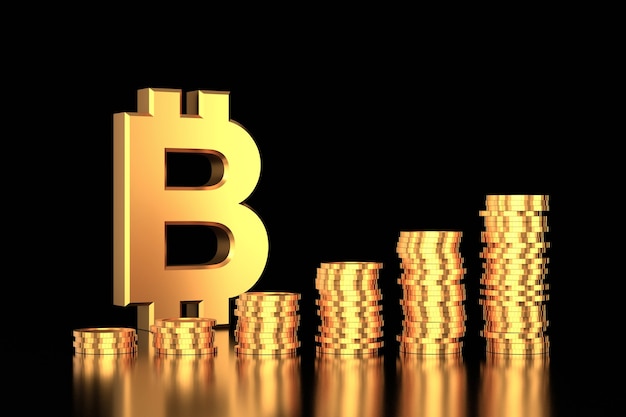 3d render gold bitcoin sign and gold coin stacks on black background