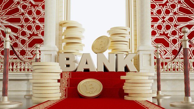 3D render of gold bitcoins with bank text red carpet with barriers leading to bank entrance