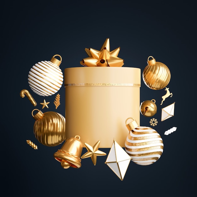 3d render of gold christmas gift box with christmas ornament concept