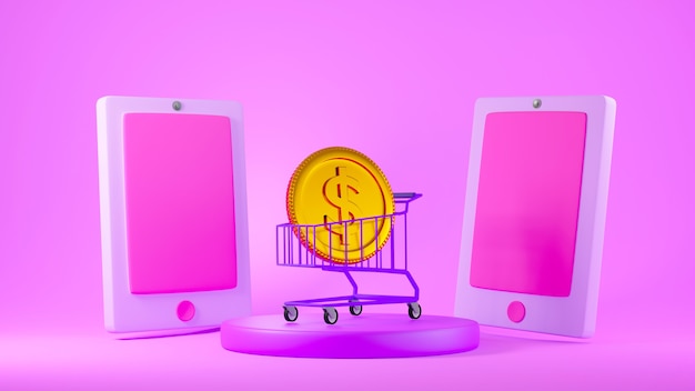 3D render of a gold coin in a shopping cart and two pink smartphones isolated on pink background