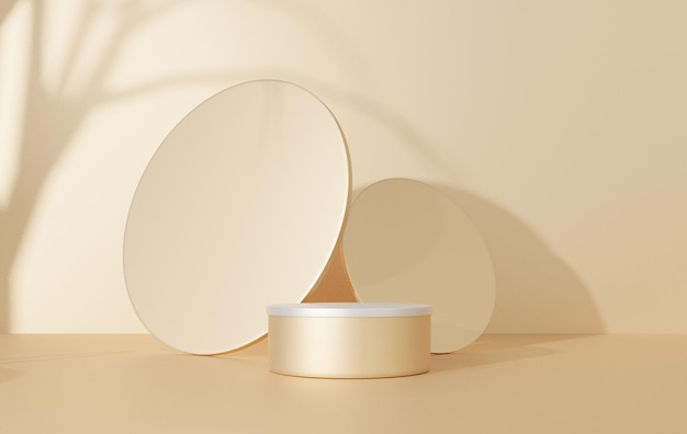 3D render gold color background with geometric shapes, clean pedestal empty on three floors, circle wall shape, gradient from small to large, the platform composition for cosmetic product presentation