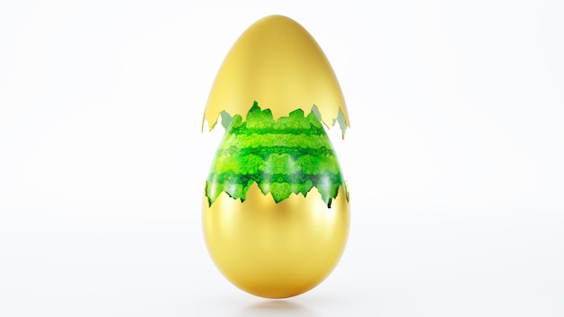 Photo 3d render of gold luxury easter egg cracked with watermelon inside