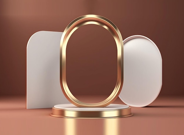 3D Render of gold photoframe and podiums. Roman podium white for cosmetic product on background