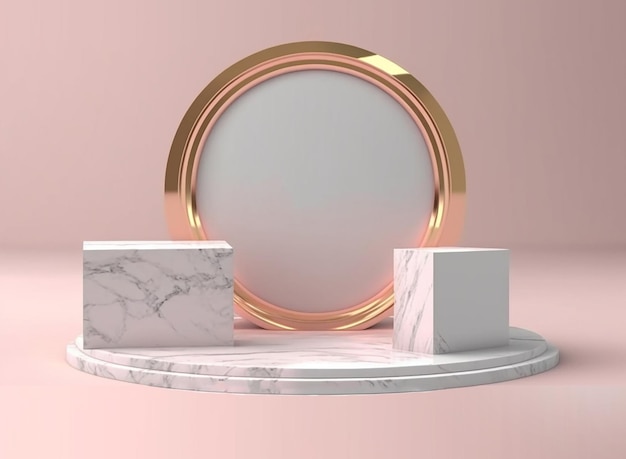 3D Render of gold photoframe and podiums. Roman podium white for cosmetic product on background