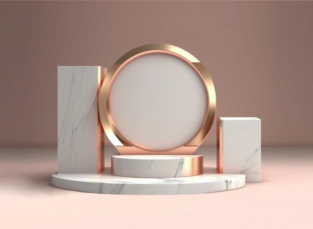 3D Render of gold photoframe and podiums. Roman podium white for cosmetic product on background